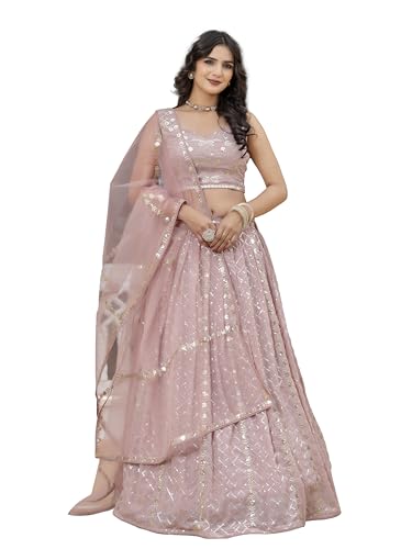 TRENDMALLS Women's Georgette Sequin Embroidery Work Lehenga Choli with Dupatta For Women (L300-LightPink-Semi-Stitch)