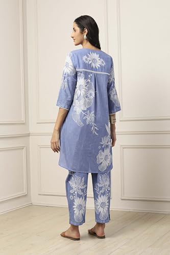 BIBA Women Blue Cotton Straight Kurta Pants Set_36