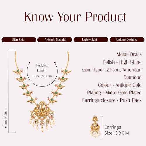ZYRA JEWELS South Indian Temple Jewellery Necklace Set with Earrings, Peacock & Lakshmi Design, Antique Gold Plated, AD, Zircon & Pearl Studded Traditional Bridal Jewellery for Women & Girls