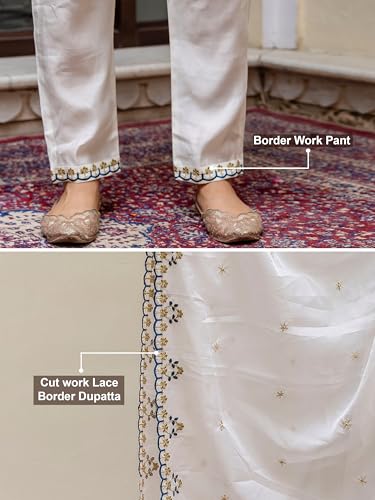 TRENDMALLS Women's Chanderi Silk Embroidery Salwar Suit Set Kurta Pant with Dupatta (G274-OffWhite-S-)