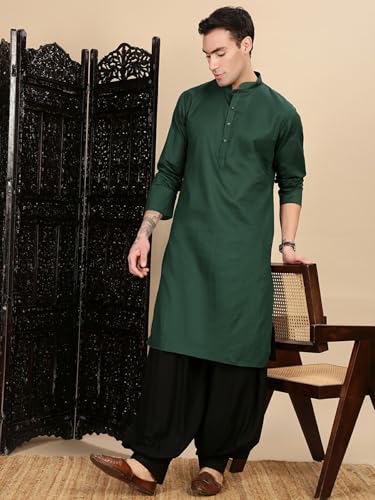 Sanwara Handcrafted Deep Green Cotton Kurta Set Men’s Choice for Navratri Diwali Festivals