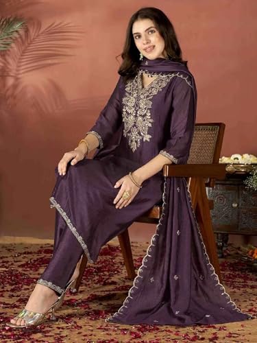VARNI FABRICS: A lady's First Love Women's Wine Vichitra Embroidered Kurta With Pants And Embroidered Dupatta, Ethnic Salwar Suit Set (IN, Alpha, M, Regular)