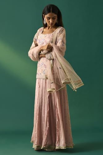 Wishful Women's Pink Floral Embroidered Straight Kurta with Sharara and Dupatta Set - (SP11501-401092-M)