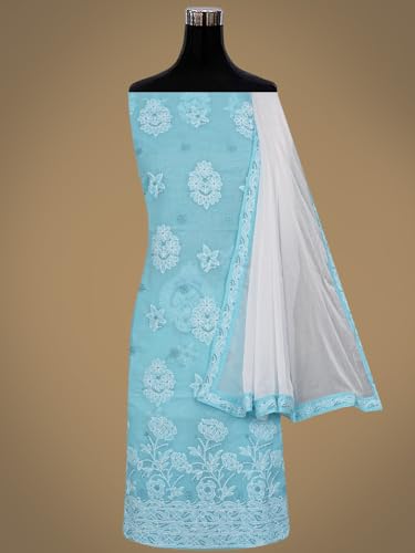 Ada Hand Embroidered Lucknowi Chikankari Unstitched Cotton Dress Material Suit Piece with Dupatta for Women 01A867722 Blue
