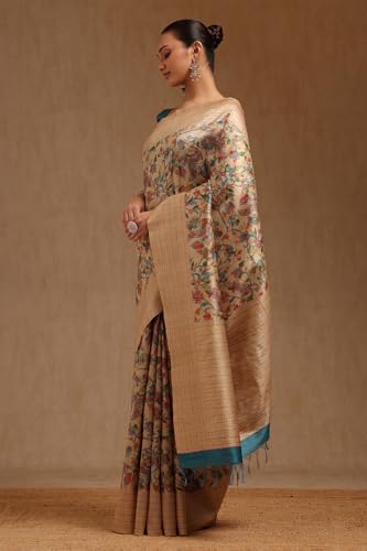 Soch Womens Beige Chanderi Kalamkari Saree With Thread Work