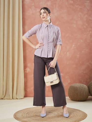 Latin Quarters Women's Pink Half Sleeves Solid Collared Casual Shirt_S