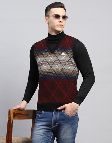 Monte Carlo Mens Self Design Maroon V Neck Sleeveless Sweater (1243215SL-2-44)