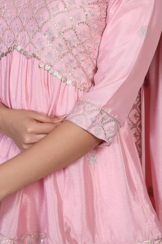 Aurelia Women's Pink Sequins Flared Top with Skirt and Dupatta Set - (AD10765-E609132-XL)