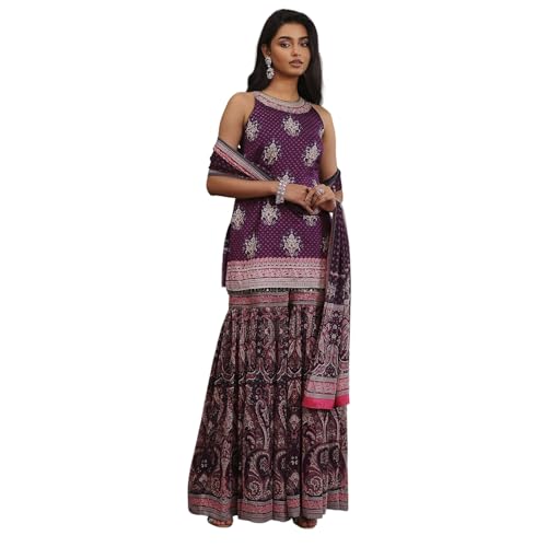 BIBA Women Purple Chanderi Digital Printed Garara Straight Suit Set_38
