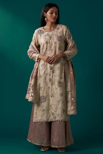 Wishful Women's Light Gold Heavy Embroidered Straight Tissue Chanderi Kurta with Culottes and Dupatta Set (SP12467-400321-L)