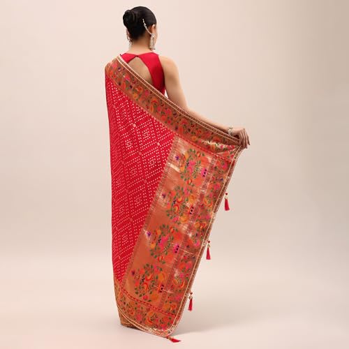 KALKI Fashion Red Bandhani Silk Saree With Unstitched Blouse Silk sarees for women Traditional Ethnic Wear Fashion Wear Wedding Collection Festive Saree Elegant Designer Saree