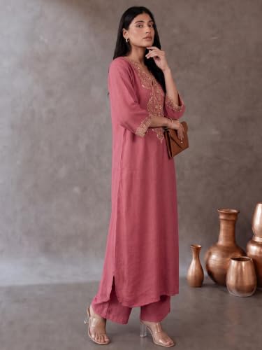 Varanga Women Kaftan Kurta Trousers Set V Neck Short Sleeves Silk Blend