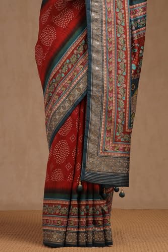 Soch Womens Red Dola Silk Kalamkari Saree With Stud Work