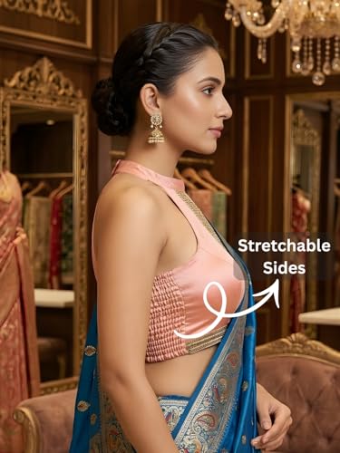 FVSHUN Women Customized Halter Neck Sleeveless Padded Readymade Blouse for Saree and Lehenga with Stretchable Sides (Peach, 36)
