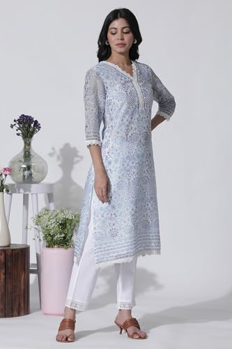 W for Woman White & Blue Floral Printed Kota Kurta, Pants and Brasso Dupatta_24ONWS10519-123919_M