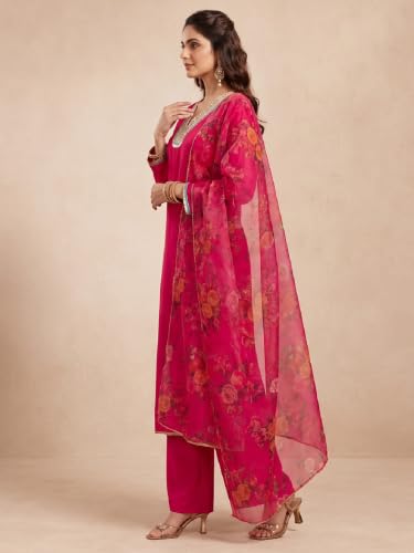 Varanga Women Red Kurta Trousers Set V Neck Silk Blend Zari