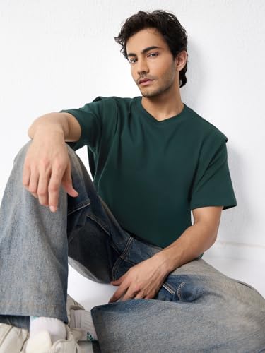 The Souled Store Oversized T-Shirt: Emerald Men and Boys Short Sleeves Round Neck Solid Structured Shoulder Casual Lightweight Drop Shoulder Streetwear Trendy Oversized T-Shirts