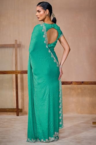 Soch Womens Teal Green Fendy Georgette Woven Design Saree With Stone Work