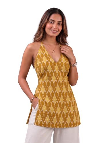 Rangrooh Women's Cotton Printed Short Corset Kurti | Halter Neck Sleeveless Backless Lace-Up Tie | Indo-Western Summer Ethnic Kurti (Yellow) - L