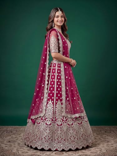 Zeel Clothing Women's Zari Sequins Embroidered Work Soft Net Lehenga Choli With Dupatta (6013-Pink-Womens-Lehenga-Choli-New; Free size)