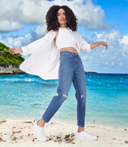i'sol Willow Stylish Boyfriend Fit Jeans for Women and Girls||High Waist||Mom Fit||Stretchable Denim for Women||Fashionable Ribbed||Ankle Length Pants||Size 28