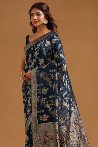Soch Womens Navy Blue Crepe Bird Motifs Zari Woven Saree