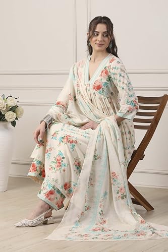 Biba Women White Cotton Anarkali Suit Set_38
