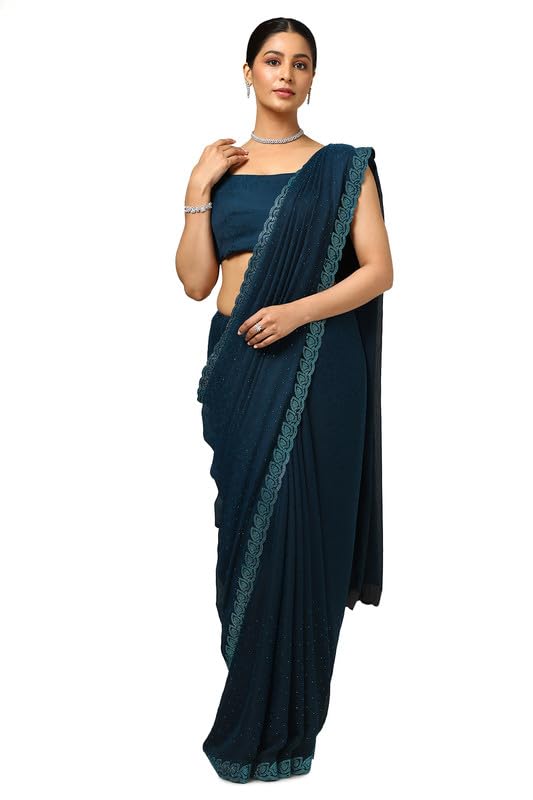Soch Womens Teal Chiffon Floral Print Saree With Stone Work
