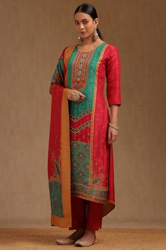 Soch Womens Fuchsia Brocade Floral Print Suit Set With Sequins