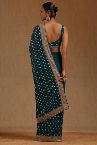 Soch Womens Teal Green Georgette Embroidered Saree With Stone Work