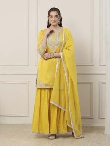BIBA Women Yellow Silk Chanderi Straight Suit Set_34