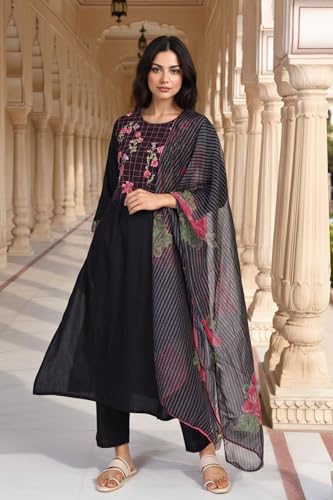 W for Woman Floral Embroidered Straight Woven Kurta with Pant and Dupatta Set - Black (WS12972-223738-XL)