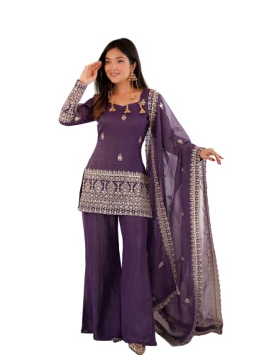 Women's Purple Crunchy Silk Embroidered Kurta With Sharara and Dupatta