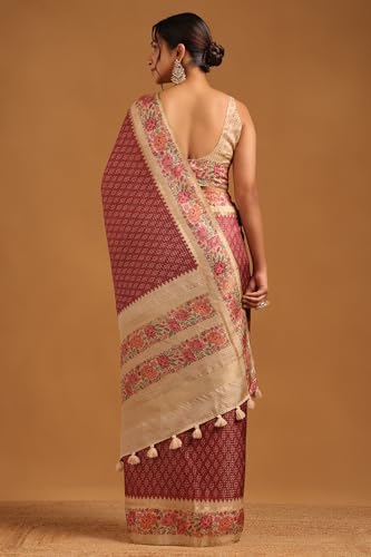 Soch Womens Deep Red Tussar Floral Saree With Zari Work