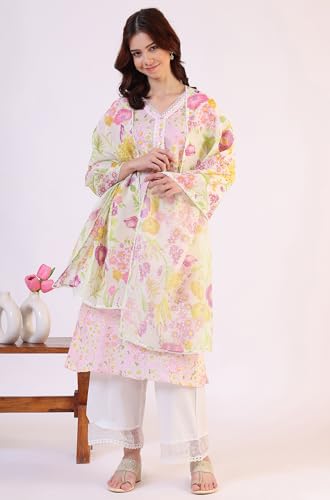 W for Woman White Floral Printed Kota Dupatta with Lace (Size: Free Size)-W82521-C7831