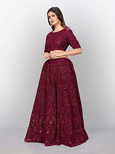 Zeel Clothing Thread Sequins Embroidery Soft Net Lehenga Choli with Dupatta (6017-Maroon-Wedding-Stylish-Latest; Free Size)