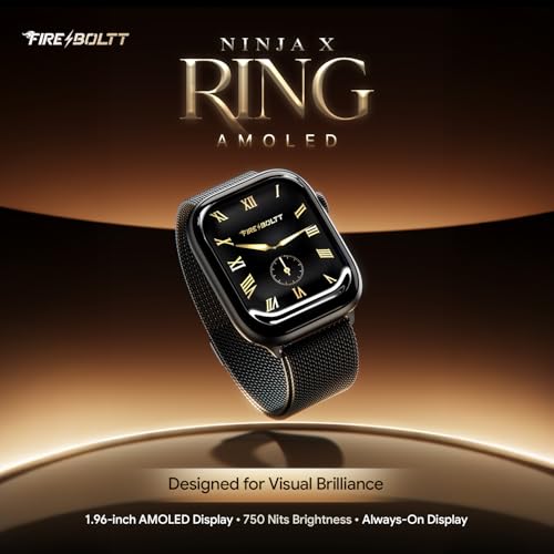 Fire-Boltt Ninja X Ring Smart Watch 1.96" Always On Display Bluetooth Calling, Voice Assistant, SpO2 & Heart Rate, 120+ Sports Modes, IP67 Waterproof Smartwatch for Men & Women - Black Mesh