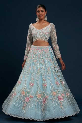 Women's Sky Blue Net Panel Style Reception Lehenga