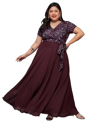 Miss Chase A+ Women's V-Neck Short Sleeve Self Designed Lace Overlaid Maxi Dress (APSS22D13-62-713-07, Cabernet Wine, 2XL)