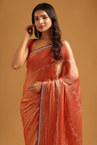 Soch Womens Peach Fendy Organza Stone Work Embellished Saree