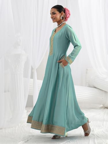 Libas Embroidered Silk Blend A-Line Ethnic Dress with Dupatta-93637L Blue