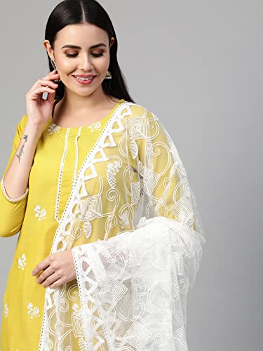 GoSriKi Women's Cotton Blend Embroidered Kurta with Pant & Dupatta (Mukund Yellow_L-Go_Yellow_Large)