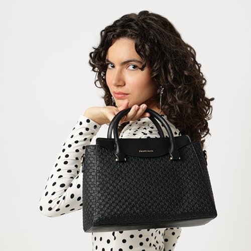 Fastrack Noir Gridelle Satchel Handbag for Women | Premium Faux Leather Weave Design | Black Structured Satchel with Zipper Closure | Dual Compartment with Organizer Pockets