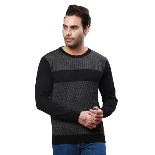 Raymond Men's Regular Fit Acrylic Wool Blend Full Sleeve Round Neck Jacquard Pattern Black Casual Sweater (Size: 2XL)-RMWX01235-K8