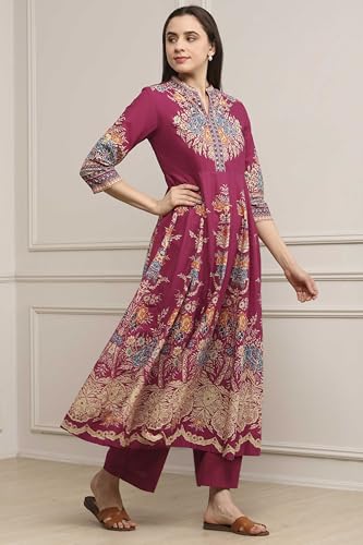 Biba Women Magenta Cotton Kalidar Printed Kurta Pants Set_36