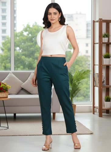 Yash Gallery Women’s Solid Crystal Teal Lycra Stretchable High-Waist Comfort Stretch Pants with Side Pockets | Soft Breathable Fabric | Stylish Casual & Office Wear Bottoms for All-Season Fashion