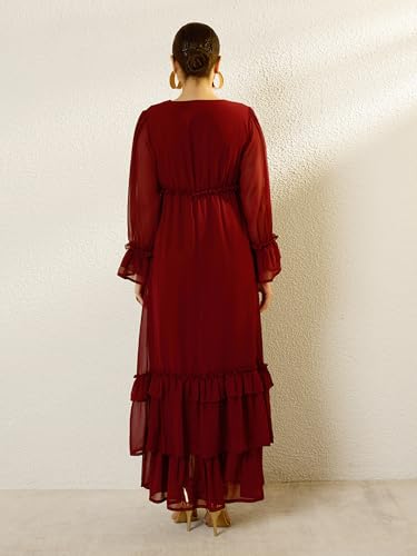 Sassafras Women Maroon V-Neck Flared Maxi Dress-S