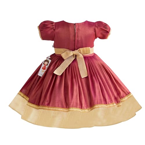 Stanwells Kids Dress for Girls Shade Traditional Applique Kerala Ethnic Silk Frock for Baby Girls Ruffle Pattern Zipper Beautiful Cap Sleeve Birthday Dress for Girls Pink (6-7 Years)
