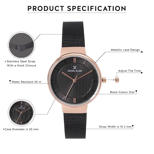 Daniel Klein Analog Black Round Dial Rose Gold Case Black Mesh Strap Water-Resistant Wrist Watch for Women Girls, Ladies DK11810-5