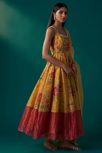 Wishful Women's Yellow Floral Print Embroidered Anarkali Tissue Kurta with Churidar and Dupatta Set (SP12870-126448-S)
